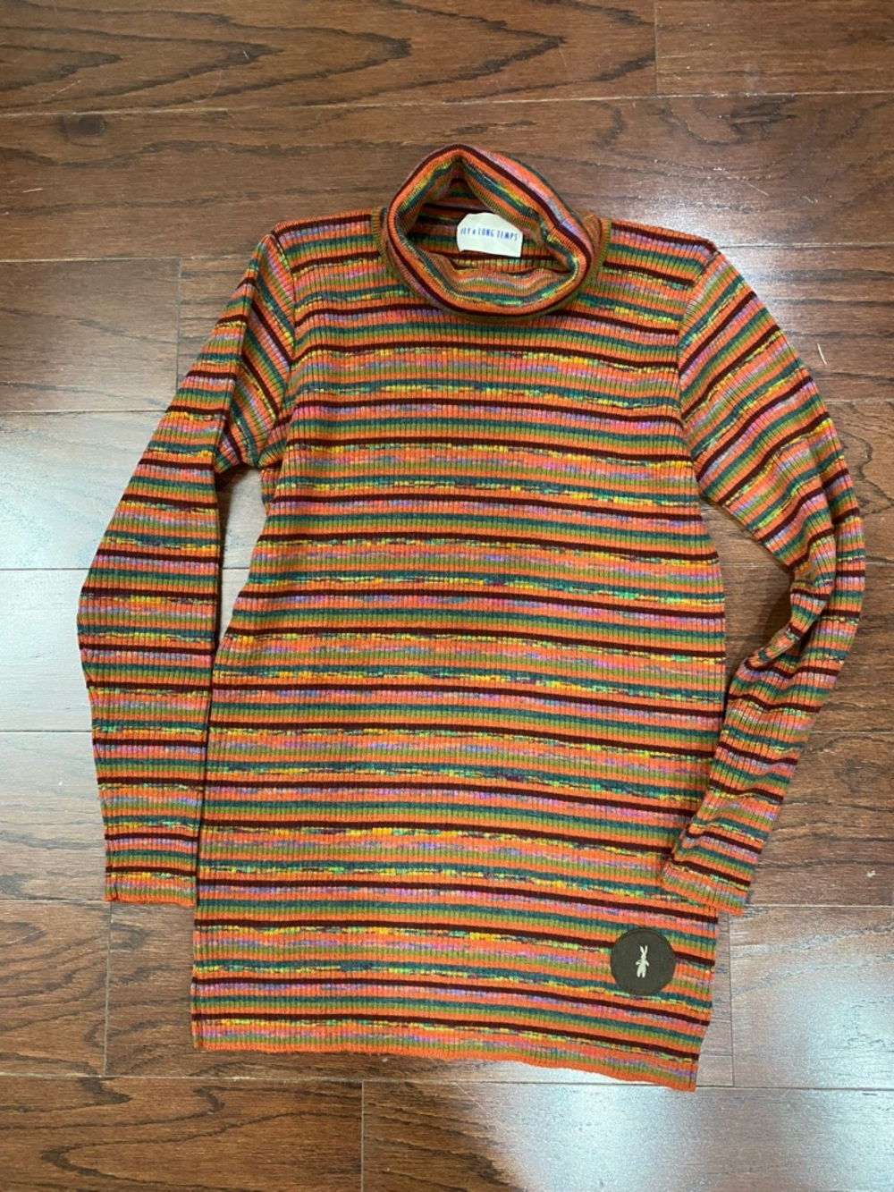 Vintage 90s Rainbow Striped Turtleneck Sweater Knit "Ily a long temps" Japan S